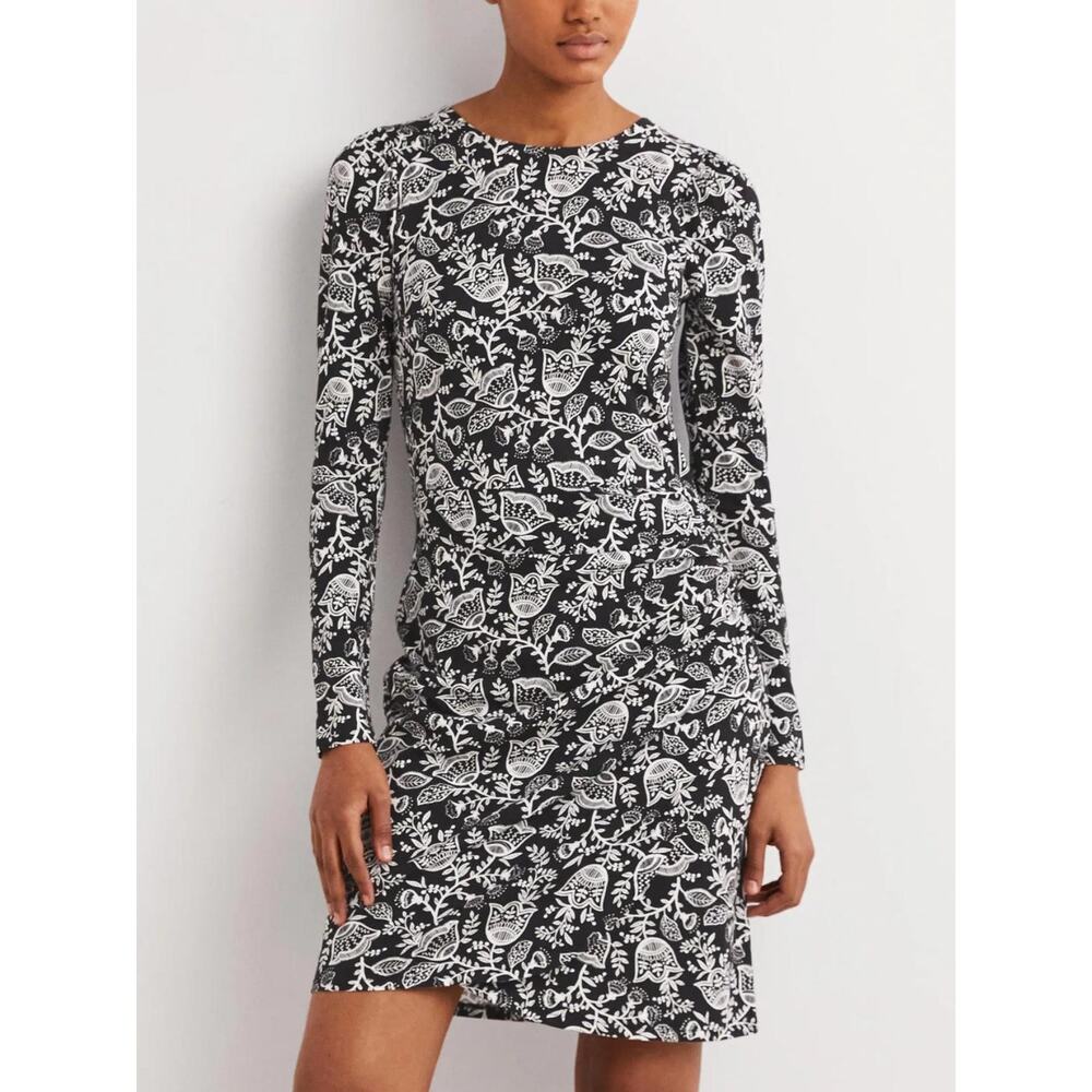 Boden Ruched Jersey Mini Dress Women’s Black Folk Floral US 4 UK 8 Stretch